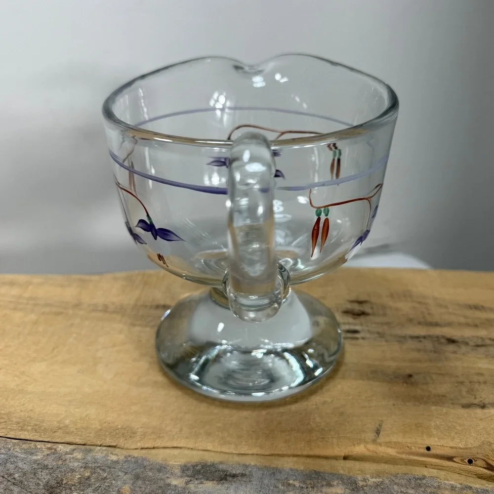 Vintage Hand Painted Fuchsia Floral Glass Gravy Boat Footed Pitcher Cottagecore